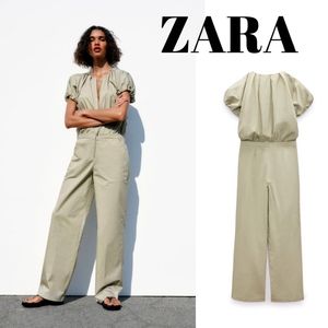 NWTs zara poplin puff sleeves jumpsuit sz. S